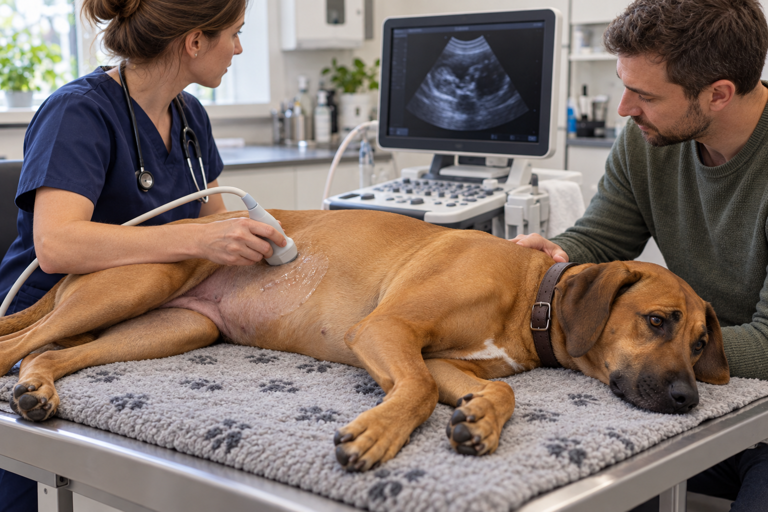 Veterinárka vykonáva sučke ultrazvukové vyšetrenie brucha